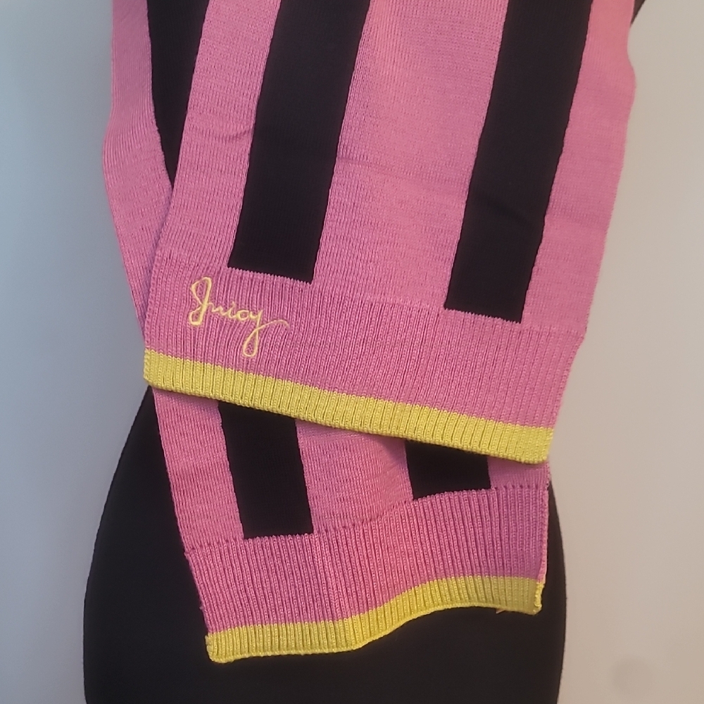Juicy Couture Pink and Black Knit Scarf with Yellow Trim